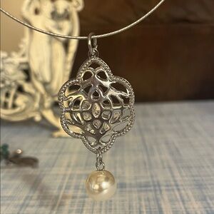 Silver Filigree Pendant Necklace with Pearl Drop - White